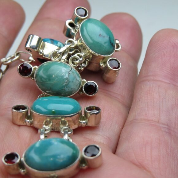 Sterling Silver Turquoise Garnet  Bracelet Hand Crafted (c) - Picture 6 of 6